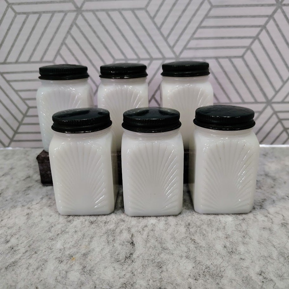 Vintage Art Deco Milk Glass Spice Jar Set 6pc Sunburst White Dark Green Lids
